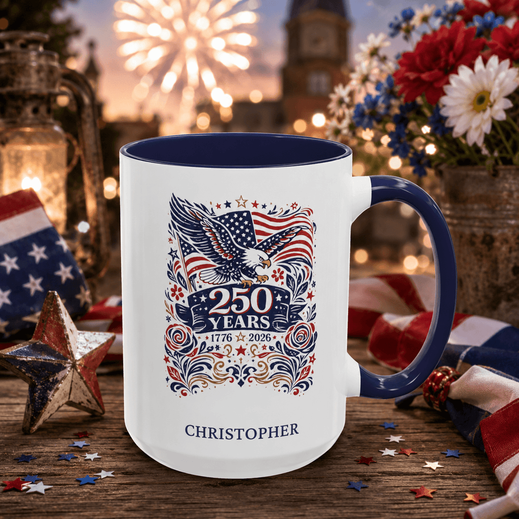 Personalized USA 250 Years 1776-2026 patriotic accent mug lifestyle mockup