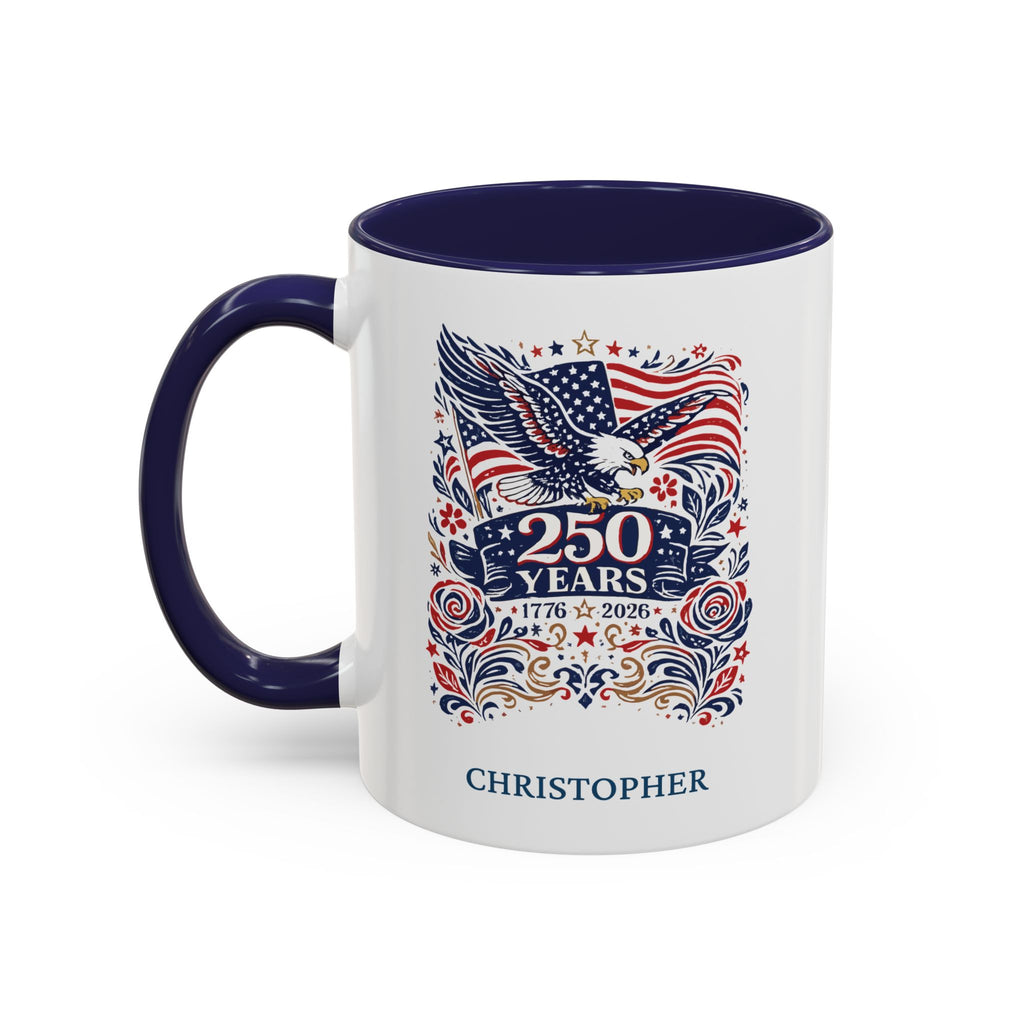 Personalized USA 250 Years eagle mug navy accent 11oz right side view