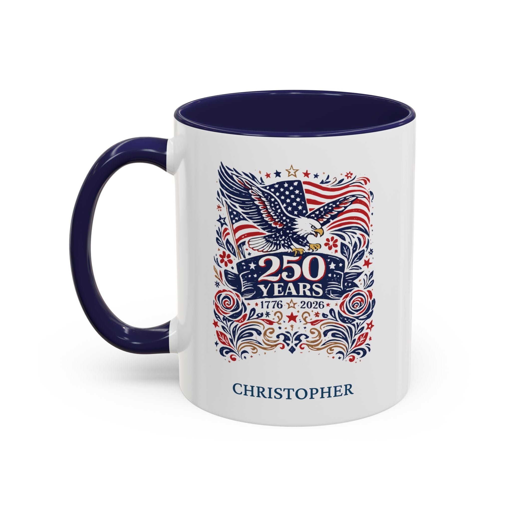 Personalized USA 250 Years eagle mug navy accent 11oz right side view