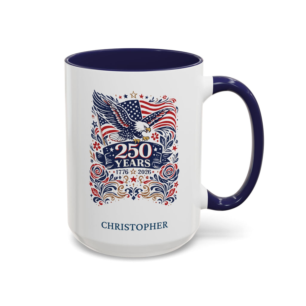 Personalized USA 250 Years eagle mug navy accent 15oz right side view custom name