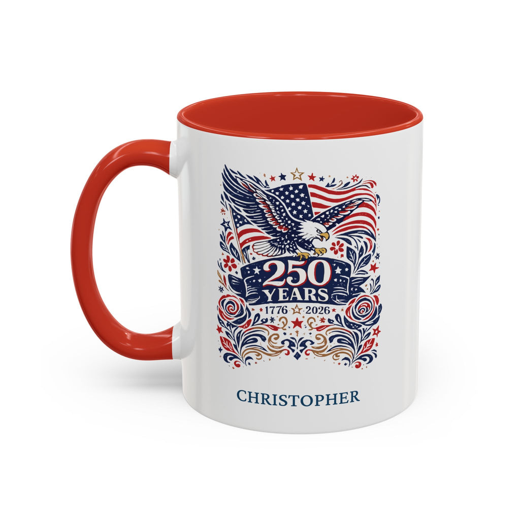 Personalized USA 250 Years eagle botanical mug red accent 11oz right side view
