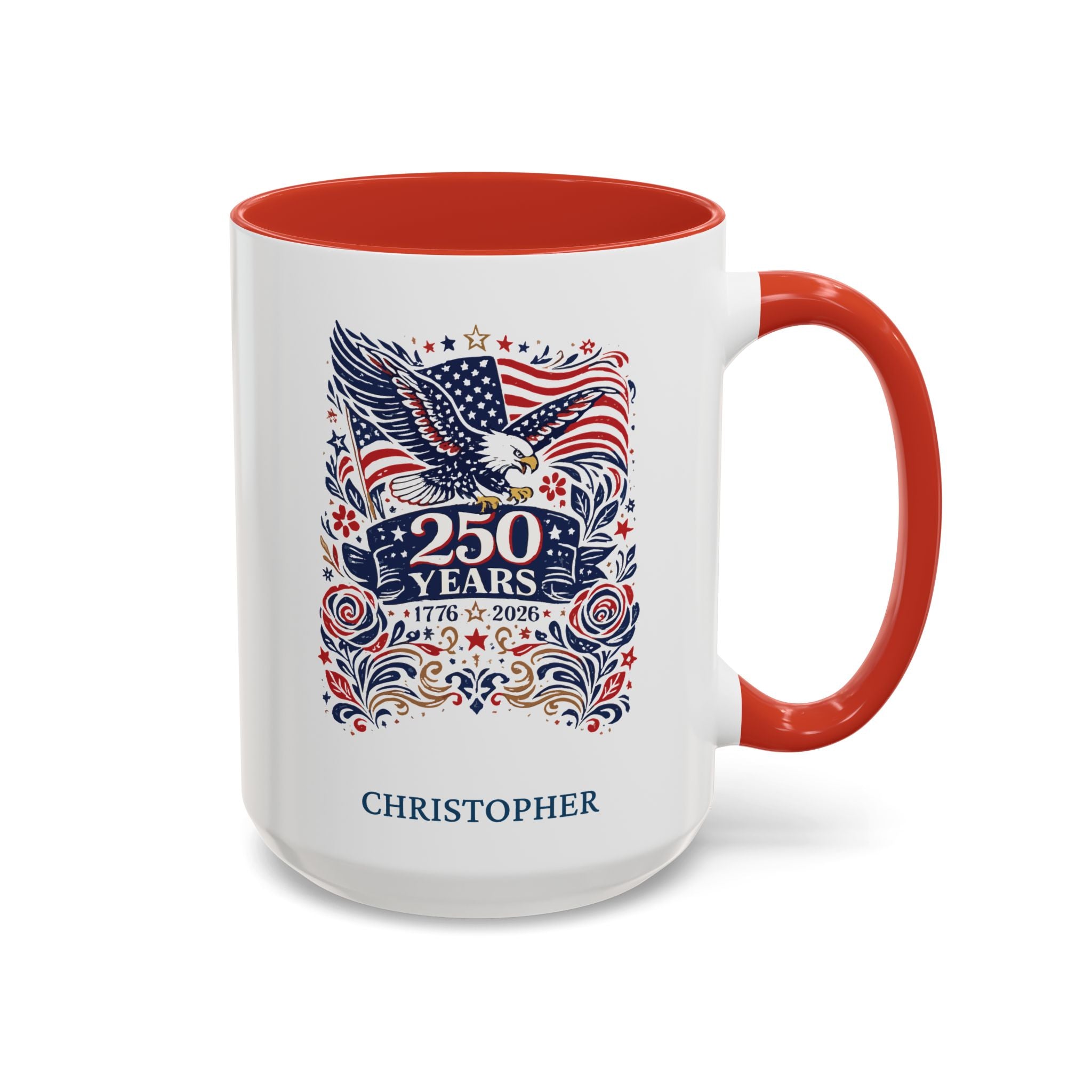 Personalized USA 250 Years 1776-2026 eagle mug red accent 15oz right side view