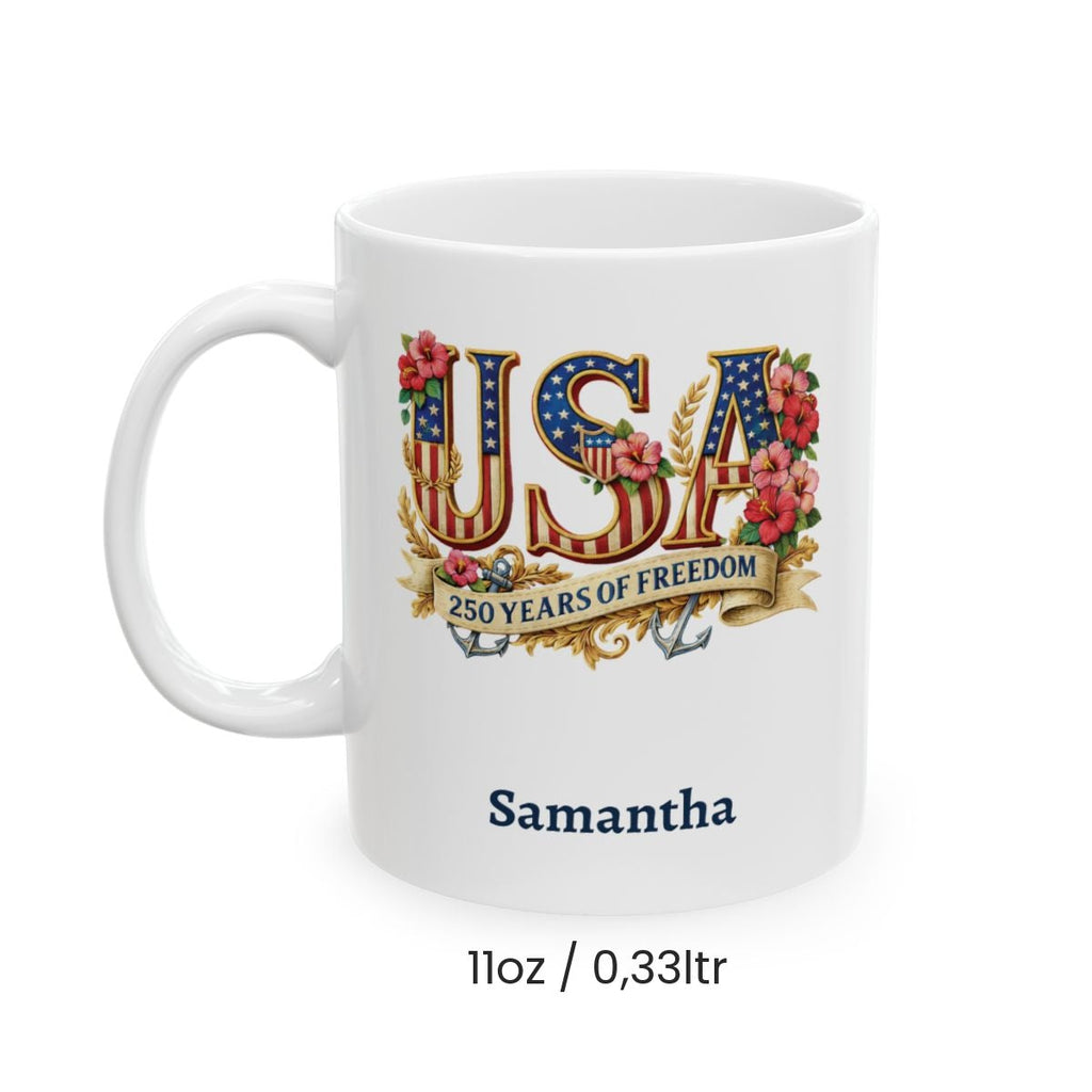 Personalized USA 250 Years of Freedom Mug – Floral Patriotic