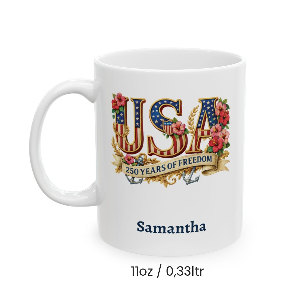 Personalized USA 250 Years of Freedom Mug – Floral Patriotic