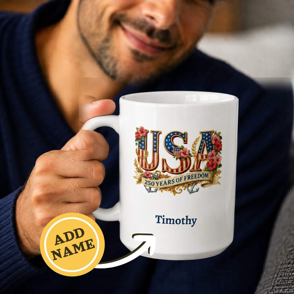 Personalized USA 250 Years of Freedom white mug model lifestyle photo with confetti