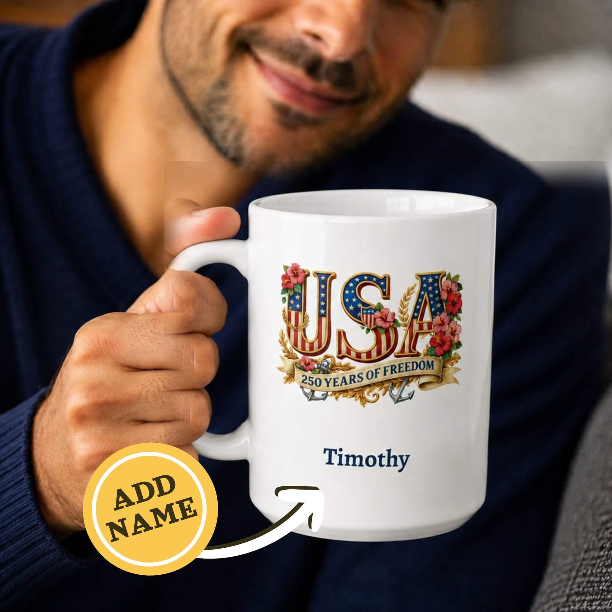 Personalized USA 250 Years of Freedom white mug model lifestyle photo with confetti