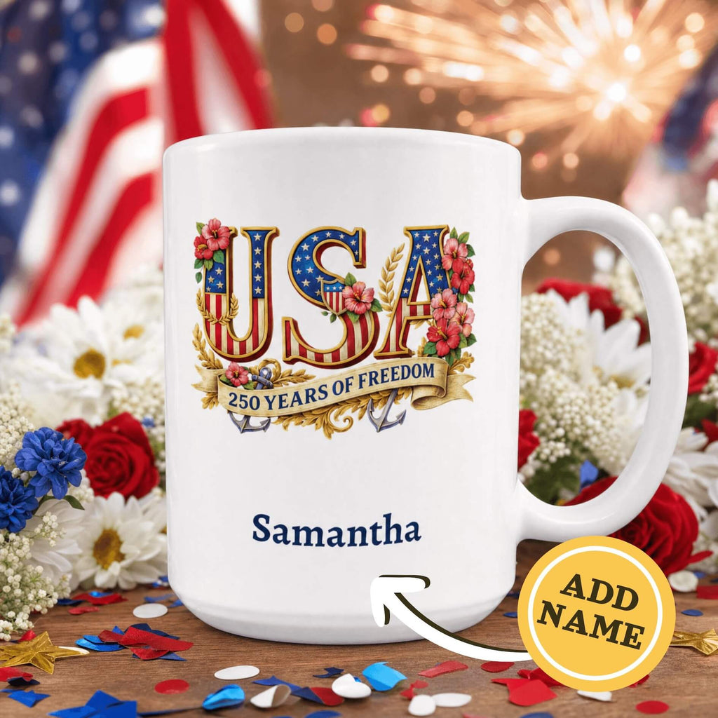 Personalized USA 250 Years of Freedom white mug lifestyle photo patriotic flowers and sparklers
