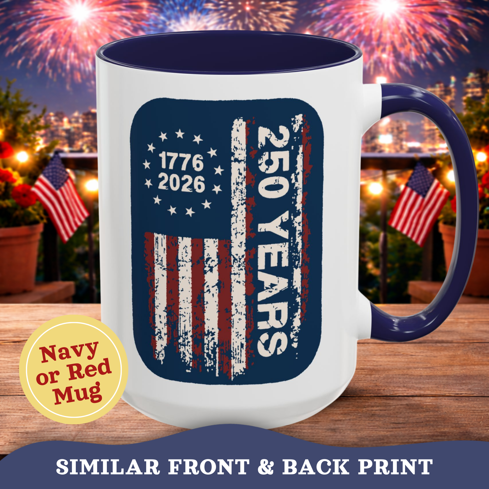 Personalized Vintage American Flag Mug, close-up of the design
