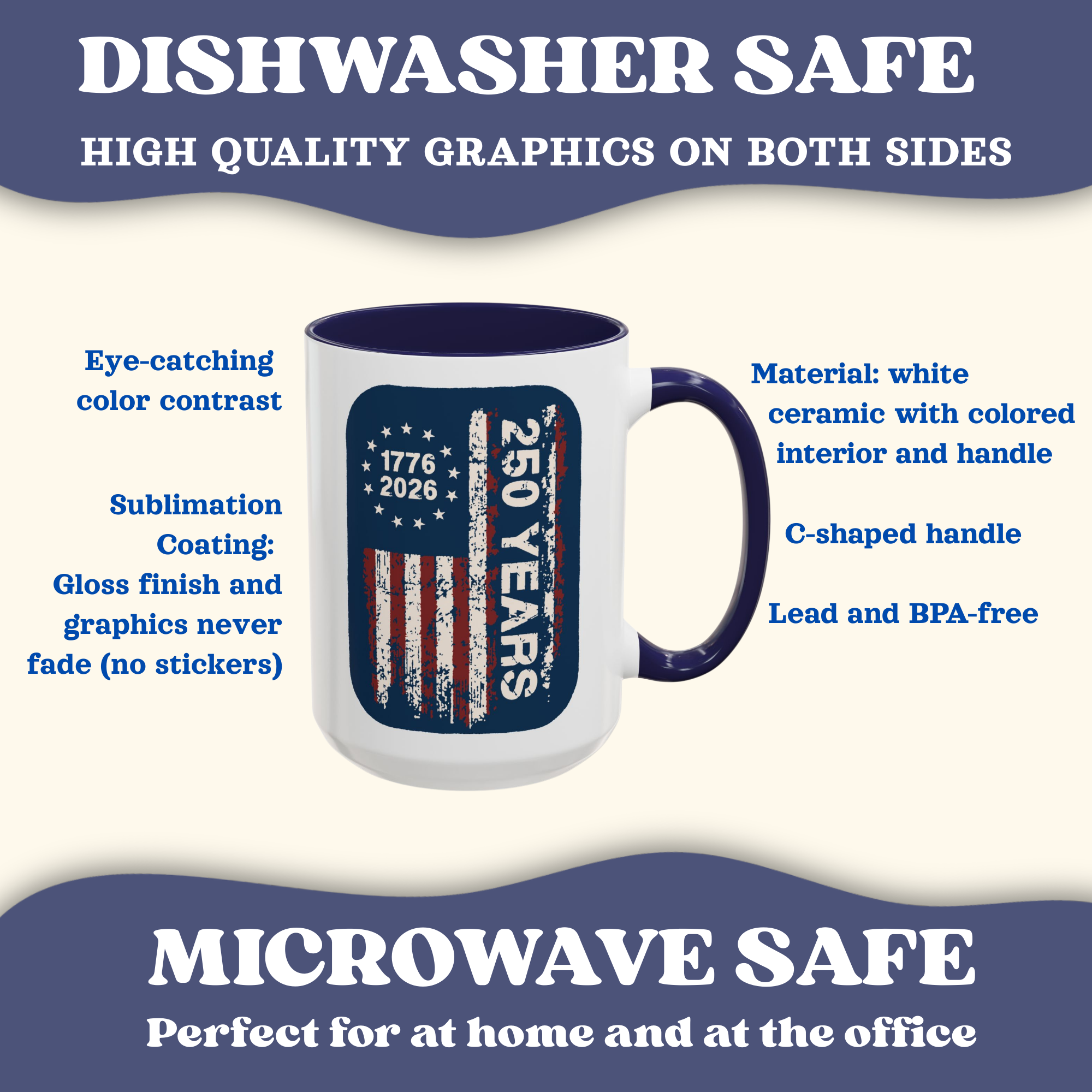 Personalized Vintage American Flag Mug, navy accent, 11oz, right view