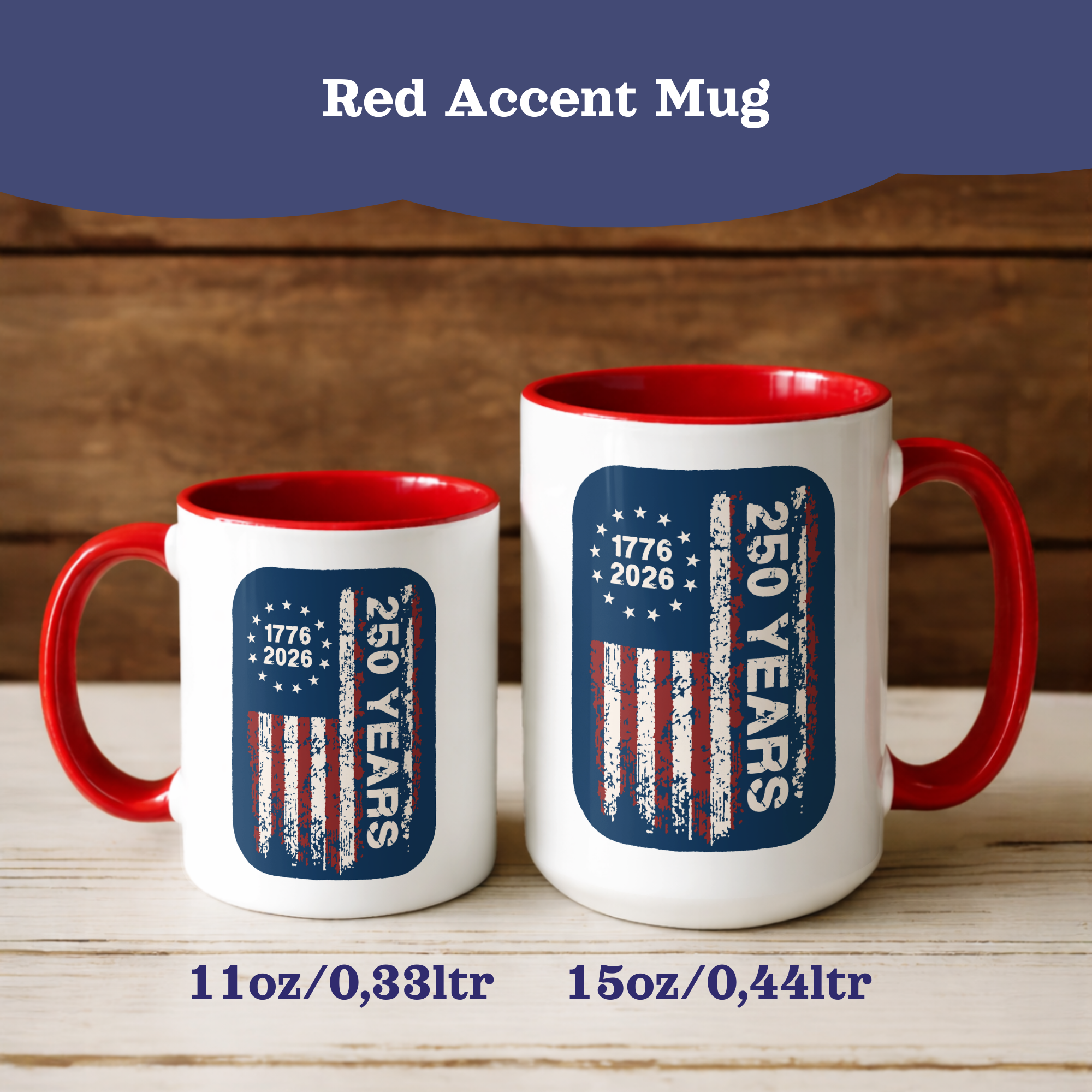 Personalized Vintage American Flag Mug, red accent, 11oz, right view