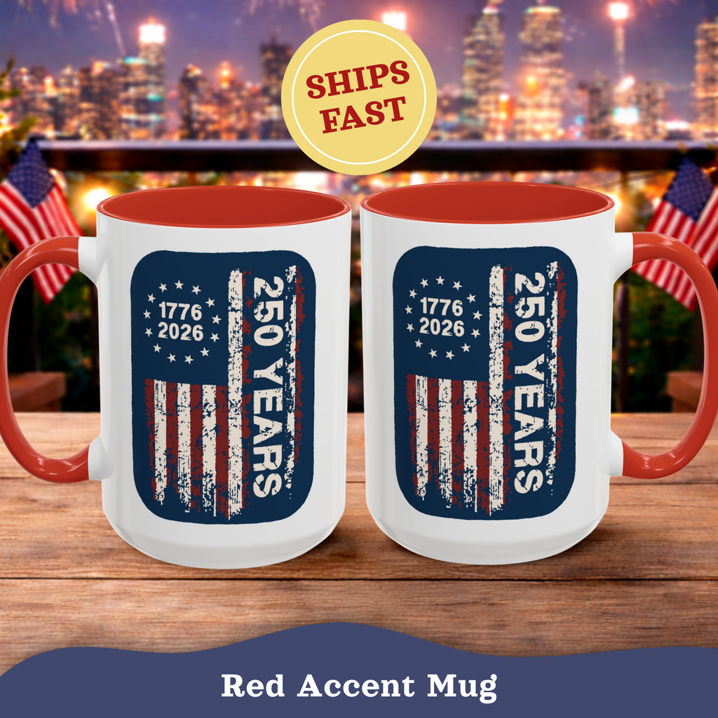 Personalized Vintage American Flag Mug, red accent, 15oz, left view