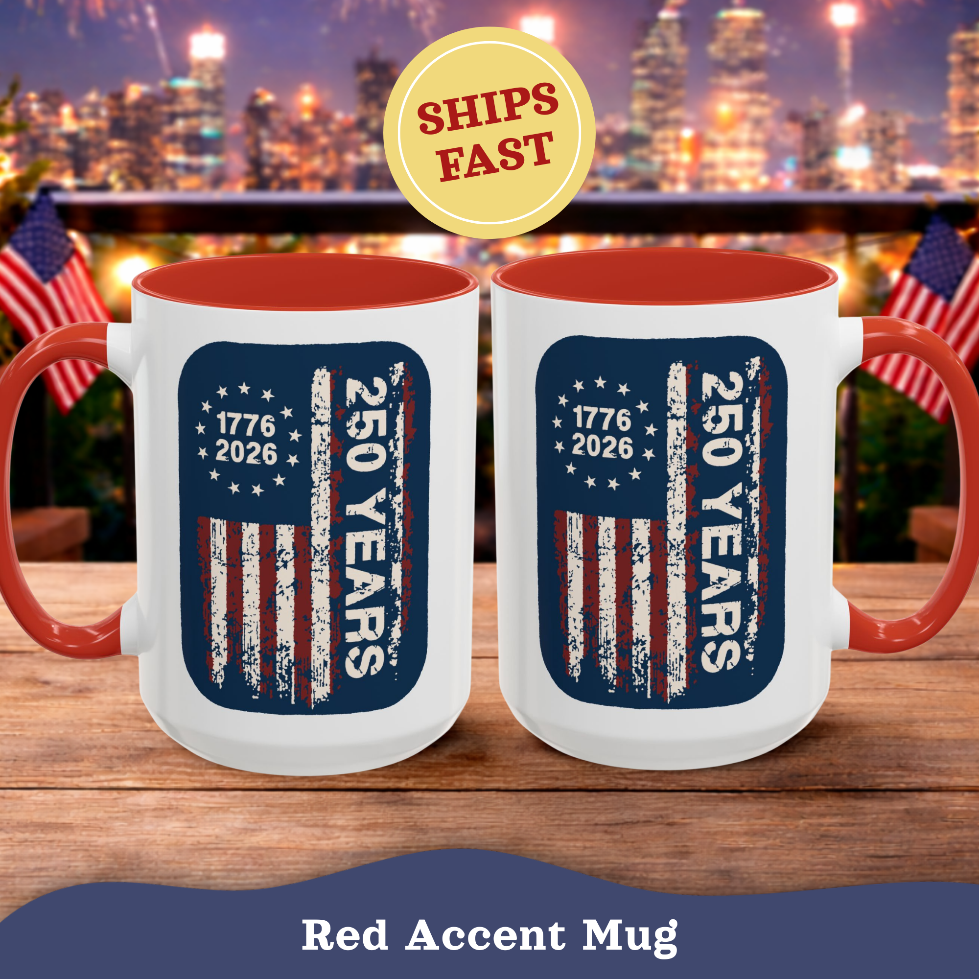 Personalized Vintage American Flag Mug, red accent, 15oz, left view