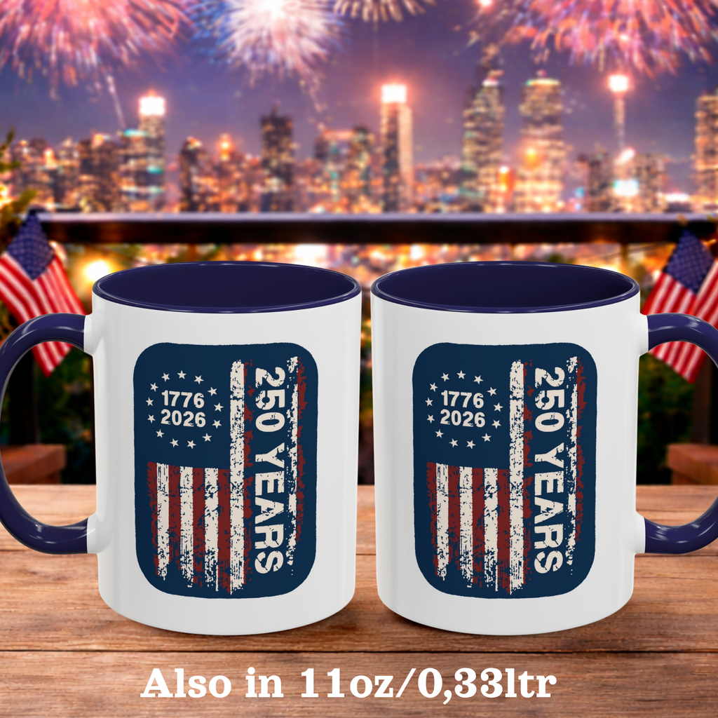 Personalized Vintage American Flag Mug, red accent, 15oz, right view