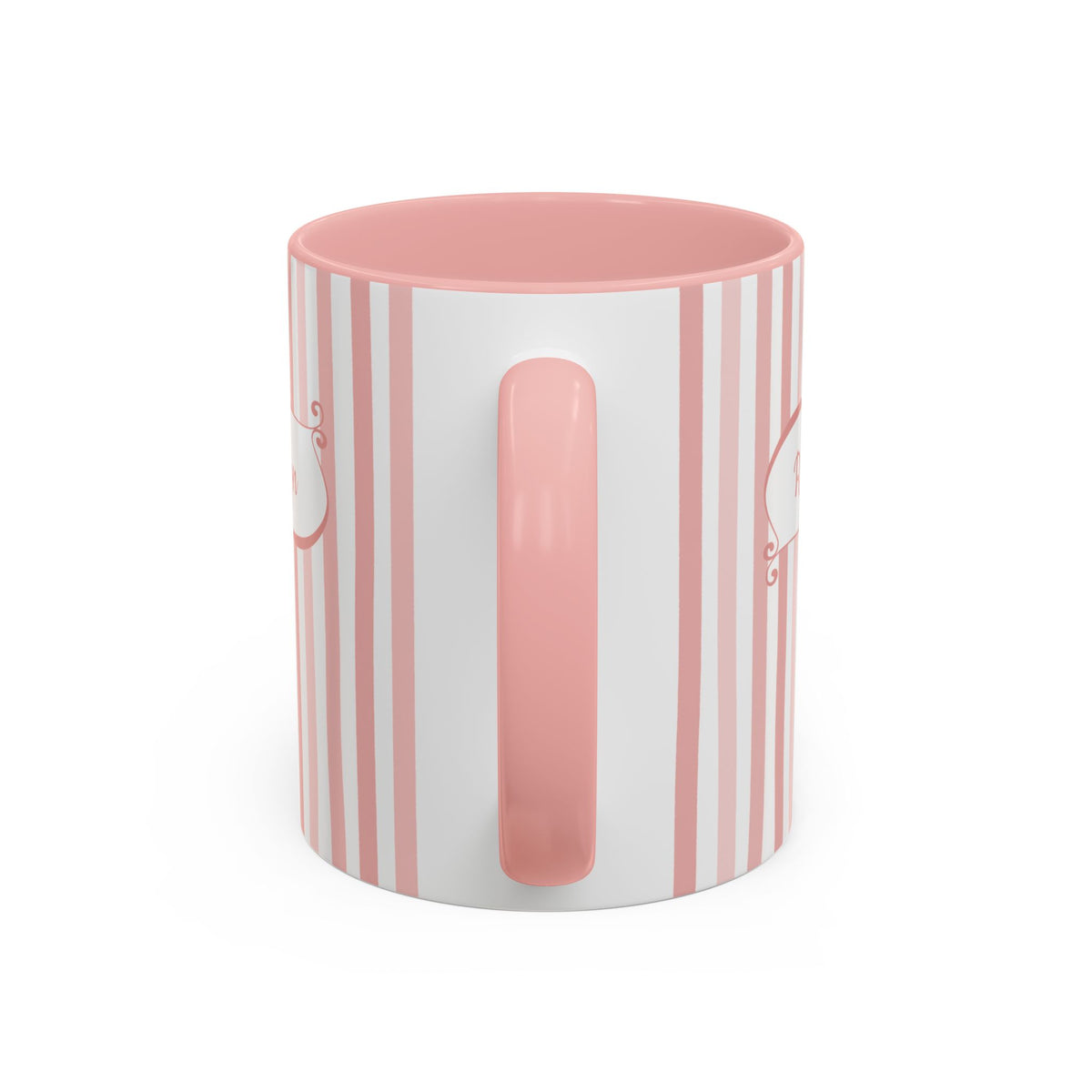 Handle view of a white ceramic 11oz mug with vertical pink and white stripes, a solid pink handle and interior, and a white base.
