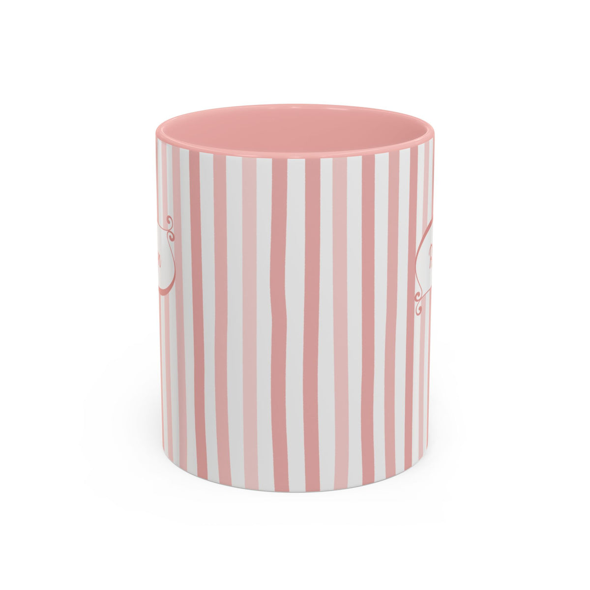 Side view of a white ceramic 11oz mug with a vertical pink and white stripe pattern, featuring a solid pink interior, shown on a clean white background. Handle not visible.