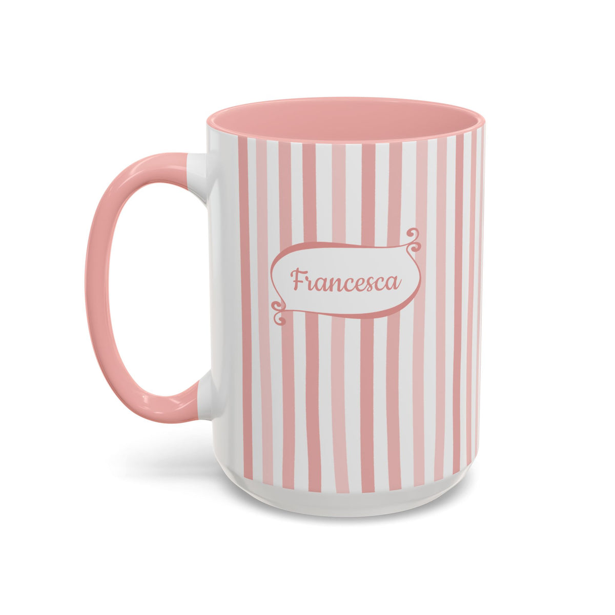 A ceramic 15oz mug with vertical pink and white stripes, a solid pink handle and interior, and a white base. The front features a white label with pink border and the name 'Francesca' in pink script. Left handle view.