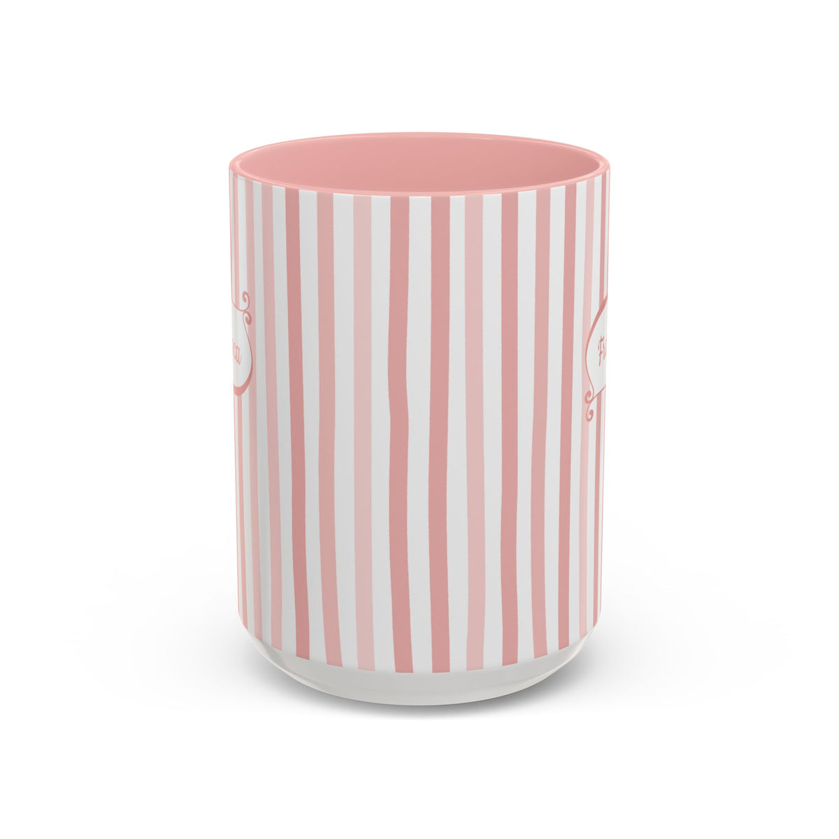 Side view of a white ceramic 15oz mug with a vertical pink and white stripe pattern, featuring a solid pink interior, shown on a clean white background. Handle not visible.