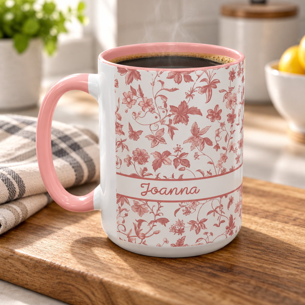 A white ceramic 15oz coffee mug with a pink floral chinoiserie pattern and the name 'Joanna' printed on the front, filled with coffee and set on a wooden cutting board in a kitchen setting.