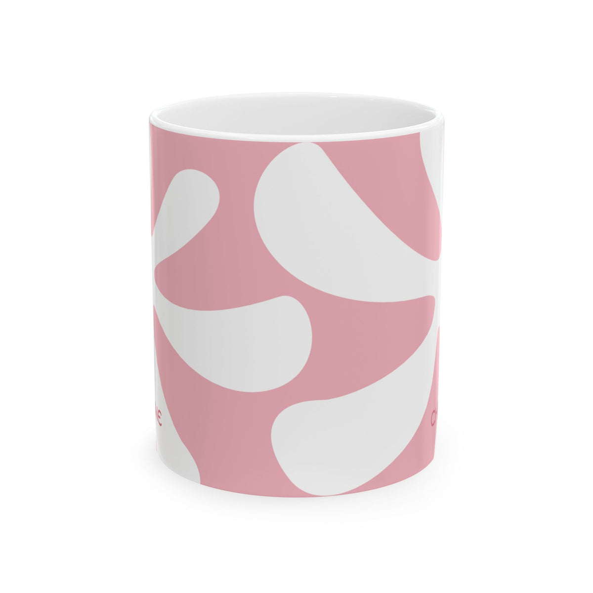 A white ceramic 11oz mug featuring a pink and white abstract organic pattern, shown on a clean white background. Handle not visible.