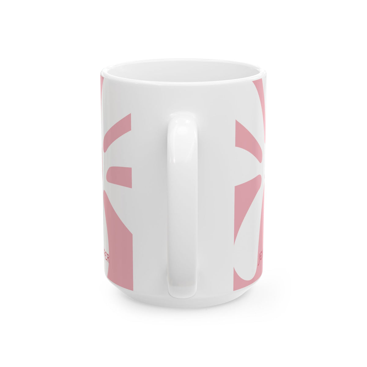 View of the handle of a white ceramic 11oz coffee mug with a minimalist pink graphic pattern, shown on a clean white background.