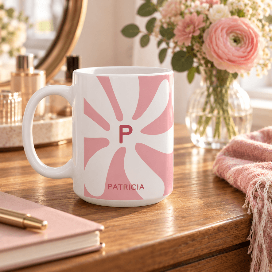 A white ceramic mug with a pink retro sunburst pattern featuring the initial 'P' and the name 'PATRICIA' printed in pink, styled on a wooden desk with a notebook, pen, and a vase of pink flowers in the background.