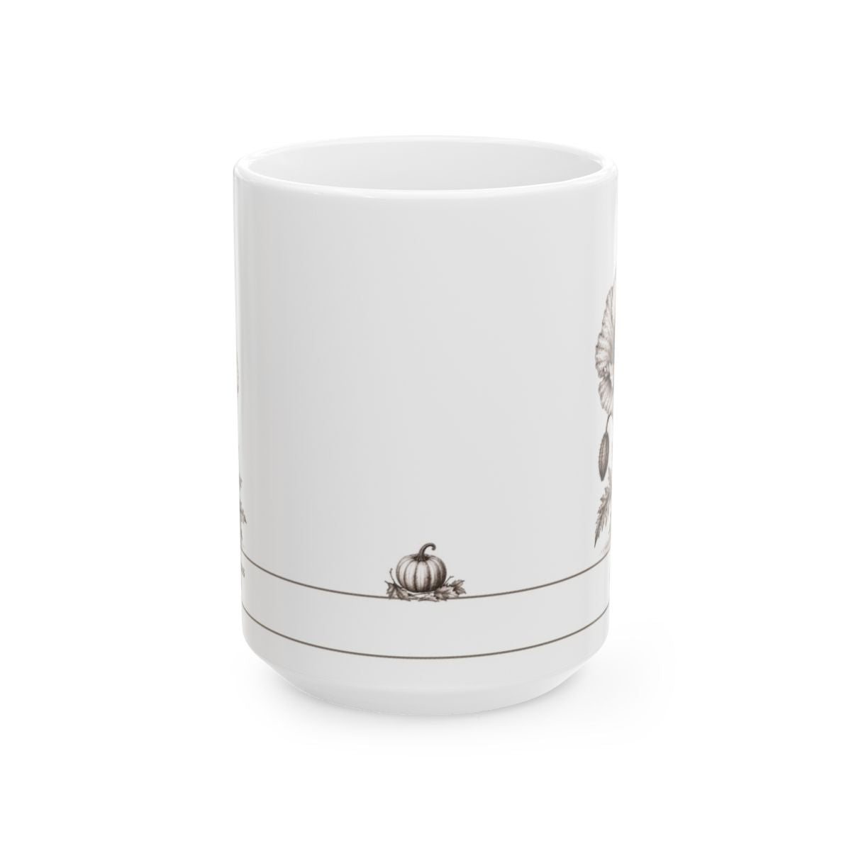 A white ceramic mug featuring a delicate brown pumpkin border design, shown on a clean white background.