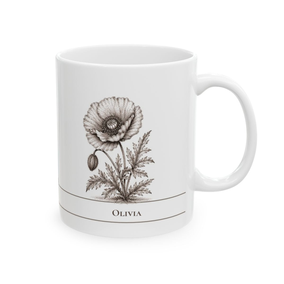 A white ceramic mug featuring a detailed brown botanical illustration of a poppy flower and seed, with the name 'OLIVIA' printed below in a thin horizontal band.