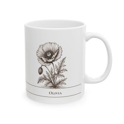 A white ceramic mug featuring a detailed brown botanical illustration of a poppy flower and seed, with the name 'OLIVIA' printed below in a thin horizontal band.