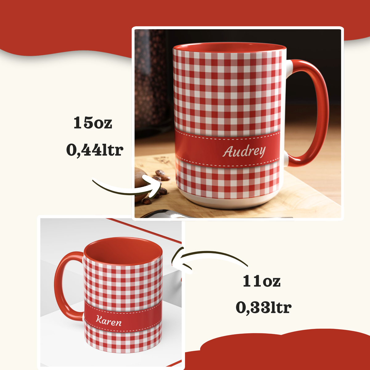 Two red and white checkered ceramic mugs with red handles and bands are shown on a light beige background with red graphic accents. One mug reads 'Audrey' and is labeled 15oz (0,44l), and the other reads 'Karen' and is labeled 11oz (0,83l).