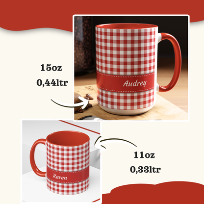 Two red and white checkered ceramic mugs with red handles and bands are shown on a light beige background with red graphic accents. One mug reads 'Audrey' and is labeled 15oz (0,44l), and the other reads 'Karen' and is labeled 11oz (0,83l).