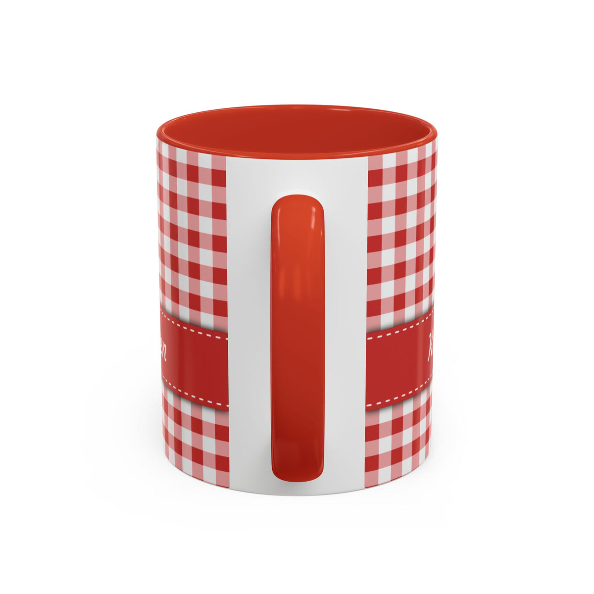 Handle view of a ceramic 11oz mug featuring a red and white gingham check pattern on the sides, a solid red handle, and a red interior, shown against a plain white background.