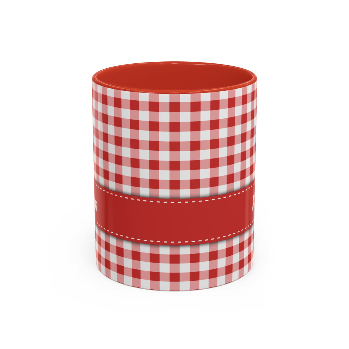 A white ceramic 11oz mug with a red and white gingham check pattern, a solid red handle and interior, and a red horizontal band around the middle. Handle not visible.