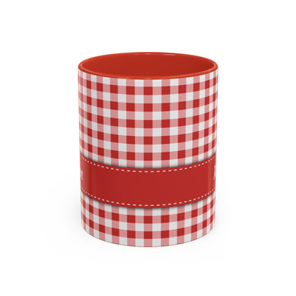 A white ceramic 11oz mug with a red and white gingham check pattern, a solid red handle and interior, and a red horizontal band around the middle. Handle not visible.