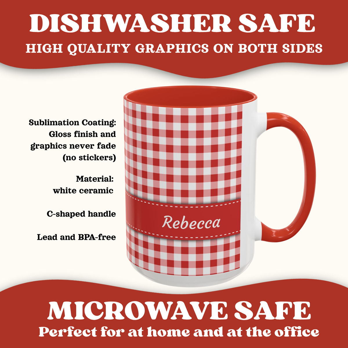 A white ceramic 15oz mug with a red gingham check pattern and a red handle, shown on a cream background with red promotional banners. The mug has a red band with the name 'Rebecca' in white script.