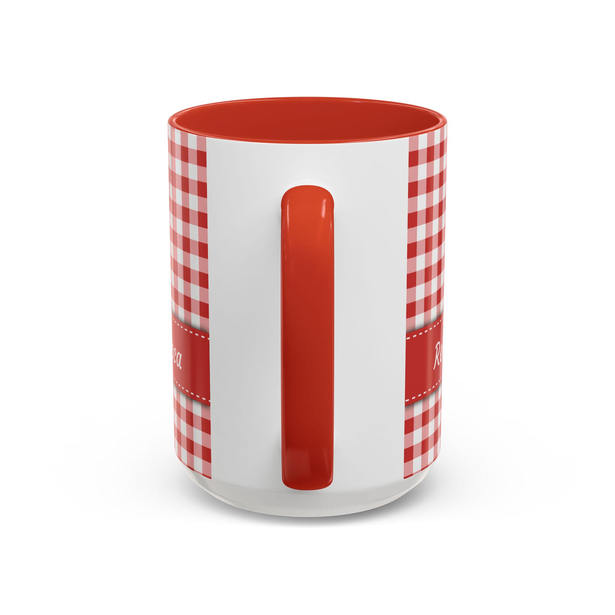 Handle view of a ceramic 15oz mug featuring a red and white gingham check pattern on the sides, a solid red handle, and a red interior, shown against a plain white background.