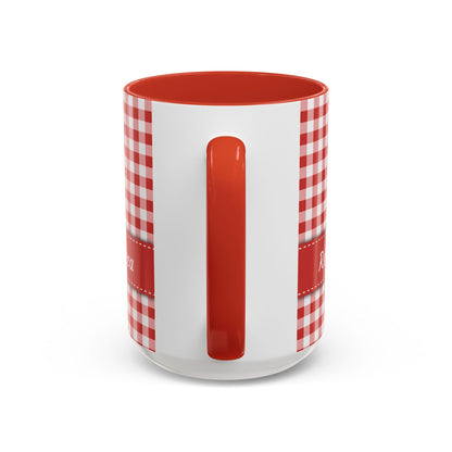 Handle view of a ceramic 15oz mug featuring a red and white gingham check pattern on the sides, a solid red handle, and a red interior, shown against a plain white background.