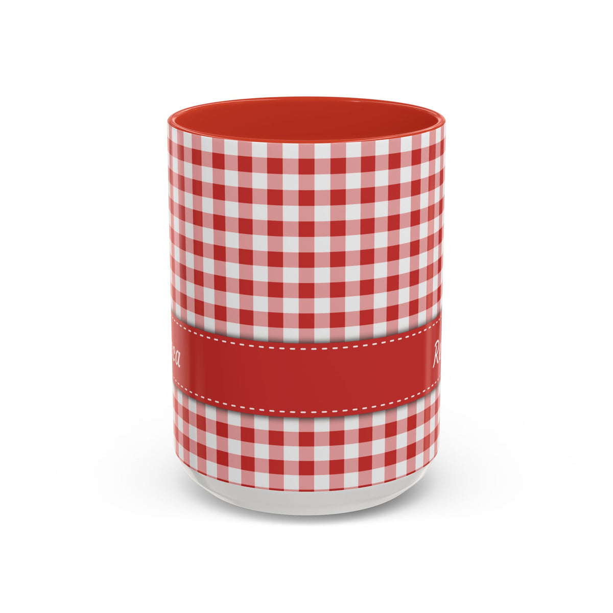 A white ceramic 15oz mug with a red and white gingham check pattern, a solid red handle and interior, and a red horizontal band around the middle. Handle not visible.