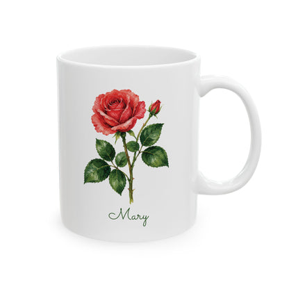 Rose birth flower personalized ceramic mug, 11oz, right handle view.