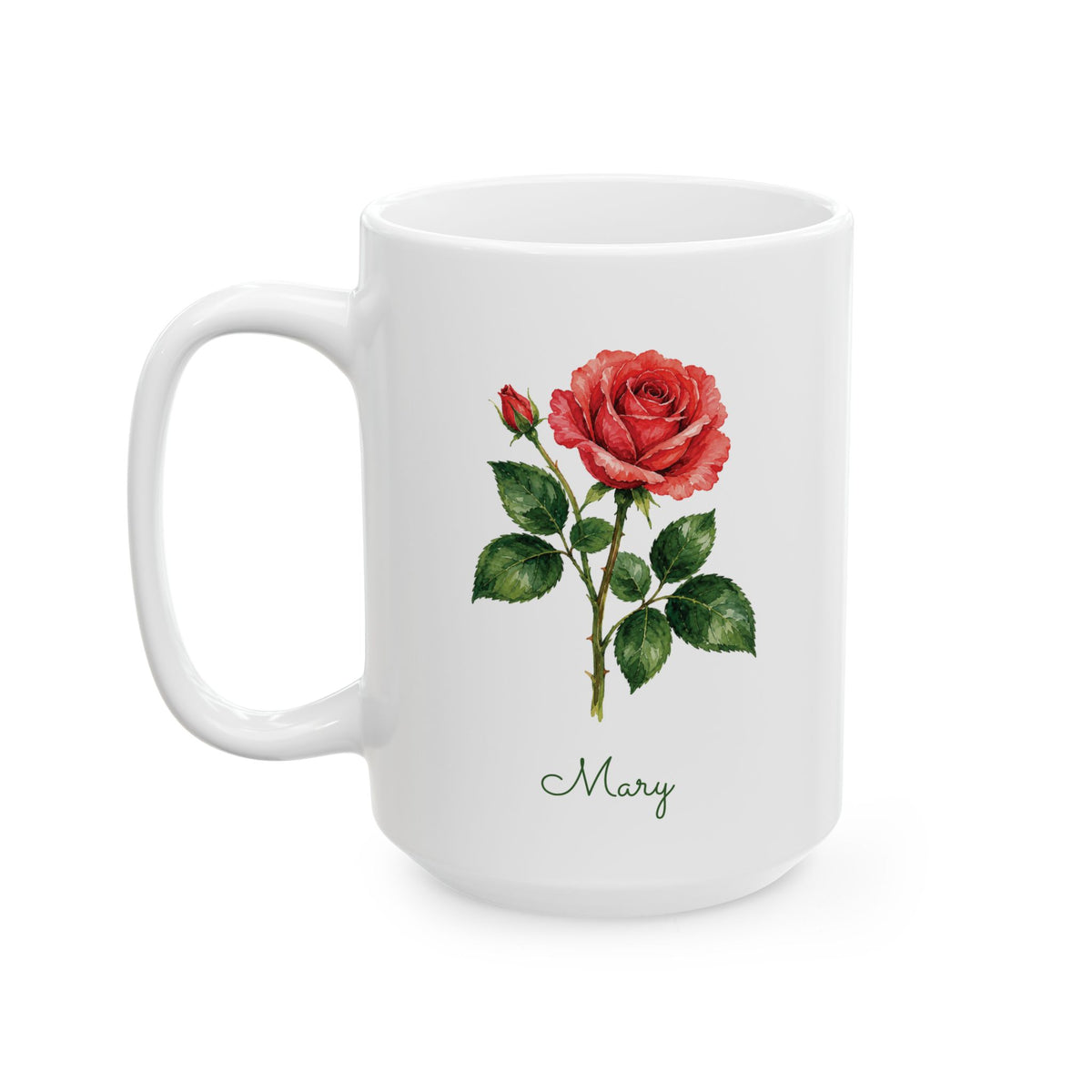 Rose birth flower personalized ceramic mug, 15oz, left side view.