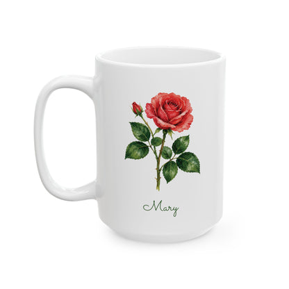 Rose birth flower personalized ceramic mug, 15oz, left side view.
