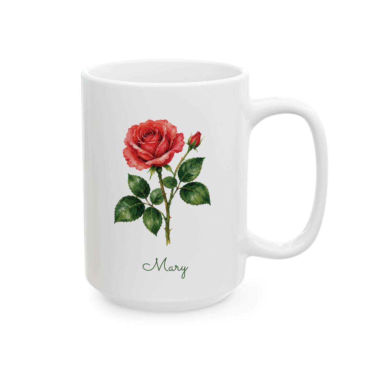 Rose birth flower personalized ceramic mug, 15oz, right side view.