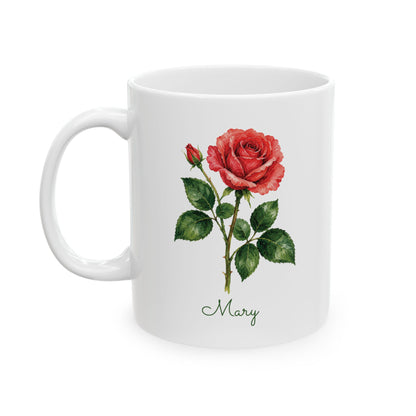 Rose birth flower personalized ceramic mug, left handle view