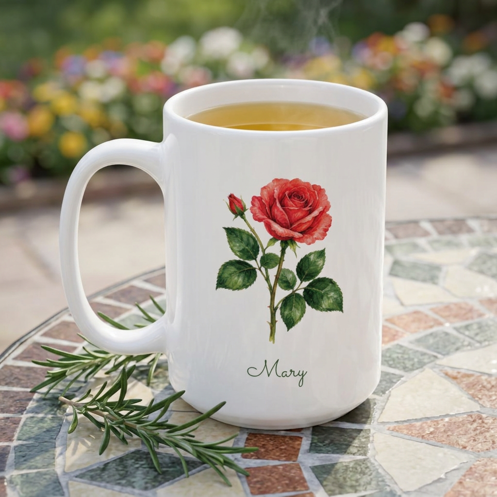 Rose birth flower personalized ceramic mug, styled on a garden table, flowers in background