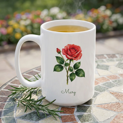 Rose birth flower personalized ceramic mug, styled on a garden table, flowers in background