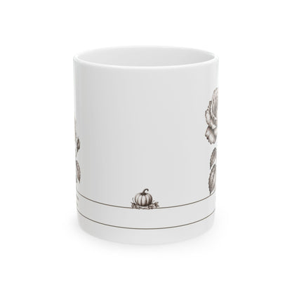 Rose Vintage Halloween personalized ceramic mug 11oz, side view with pumpkin detail