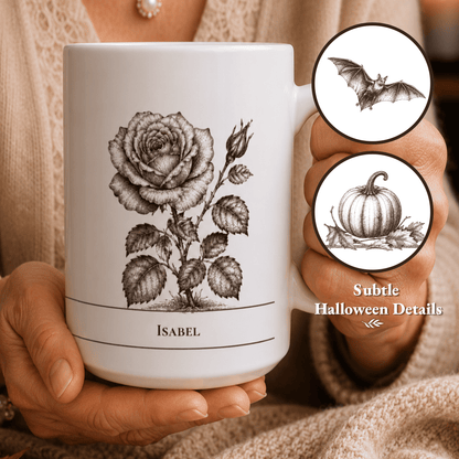 A person holds a white ceramic mug with a brown rose illustration and the name 'ISABEL' printed near the bottom. Two circular inset graphics on the right show Halloween-themed sketch details, including a bat and a pumpkin, with the text 'Subtle Halloween Details.