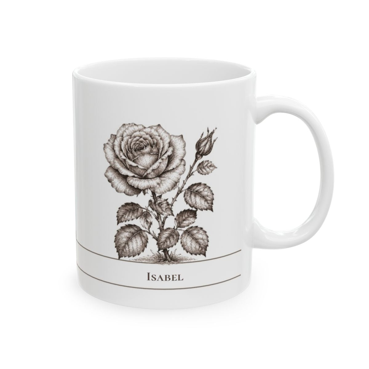 A white ceramic mug featuring a detailed black and white rose illustration with the name 'ISABEL' printed below, set against a plain white background.