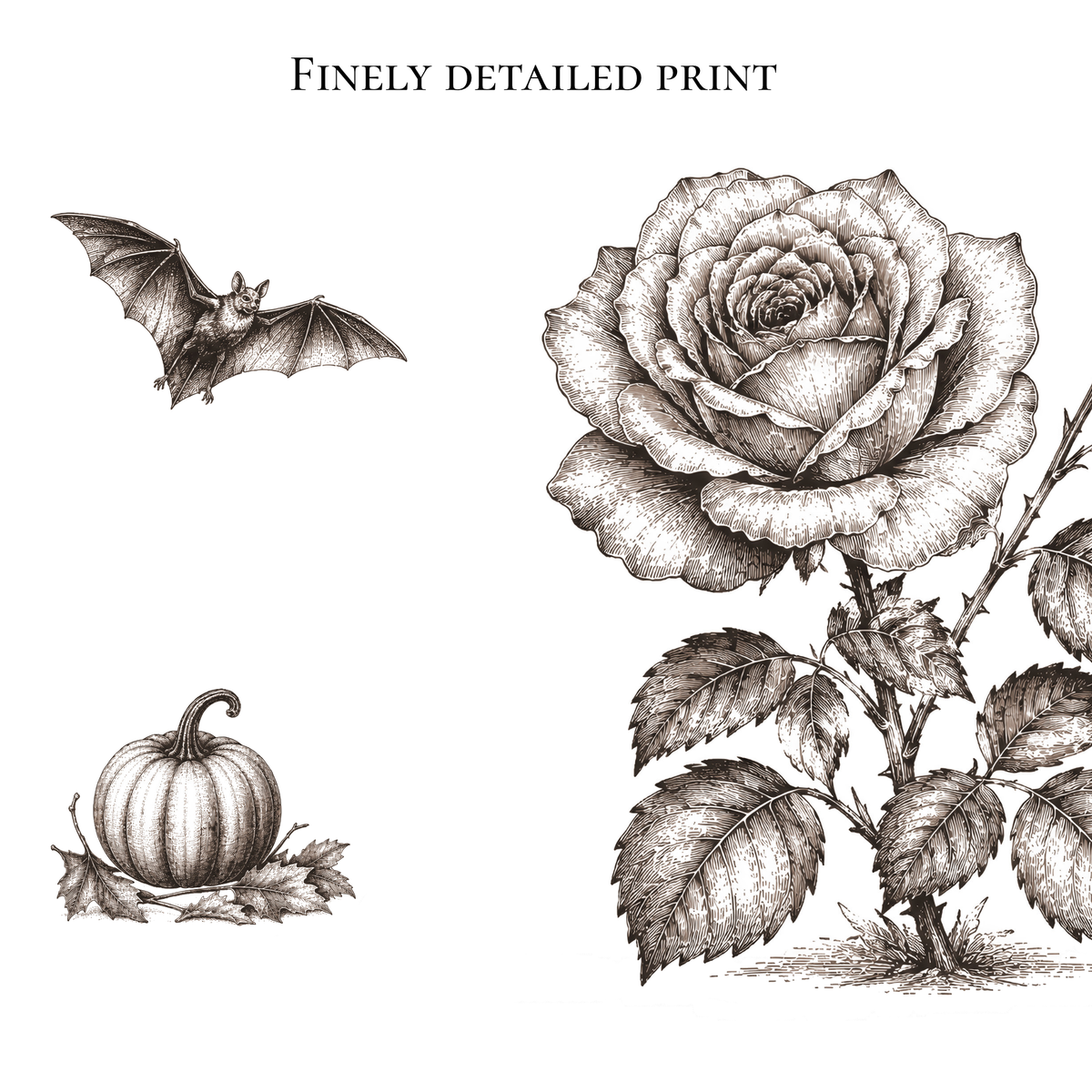 A vintage-style monochrome print featuring a large rose with leaves, a small pumpkin with leaves, and a bat, with the text 'FINELY DETAILED PRINT' at the top on a white background.