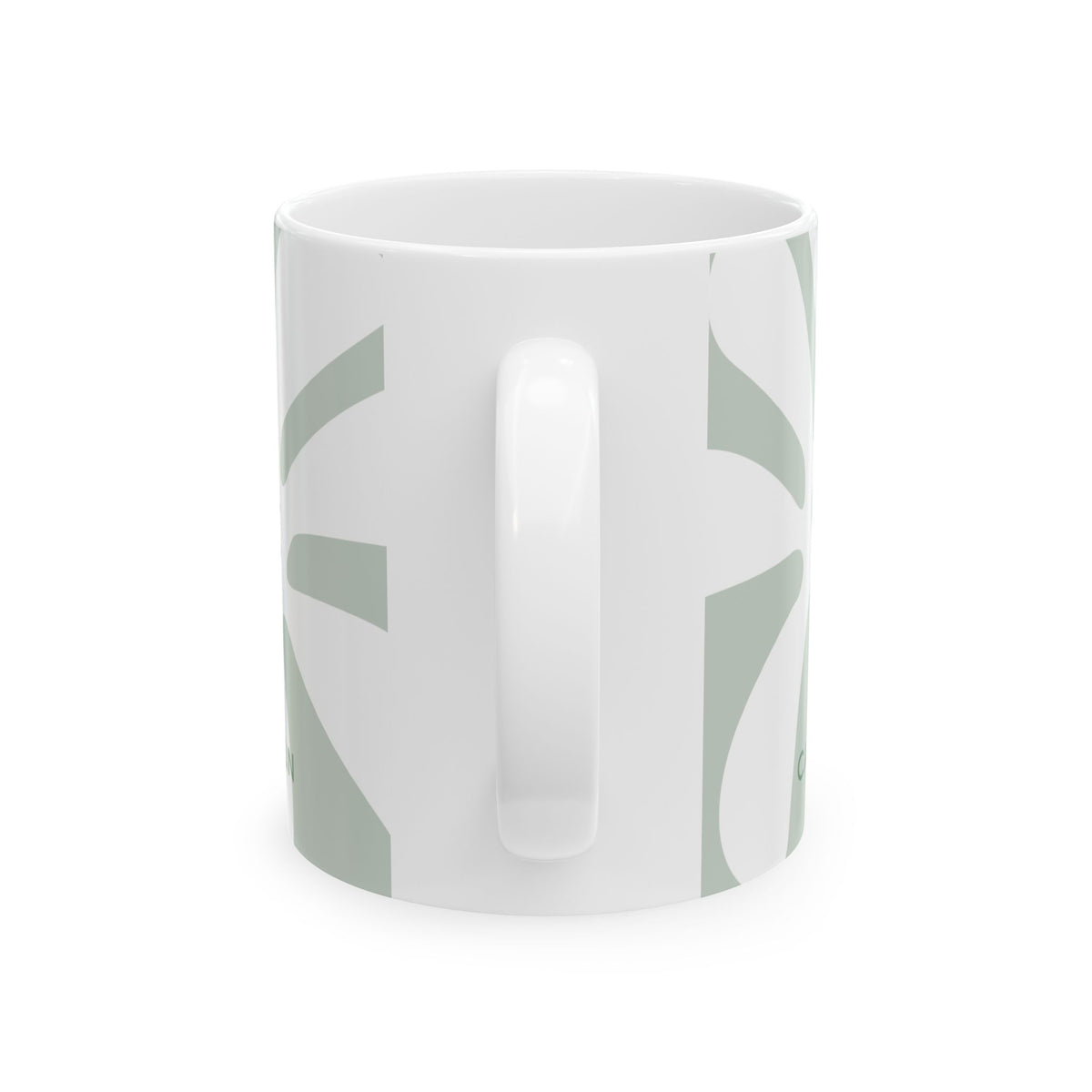 Handle view of a white ceramic 11oz mug with a minimalist sage green geometric pattern, shown from a side profile view against a plain white background.