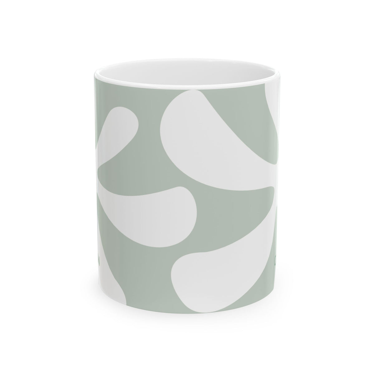 Side view of a white ceramic 11oz mug featuring an abstract, organic wavy pattern in a muted sage green color, shown against a plain white background. Handle not visible.